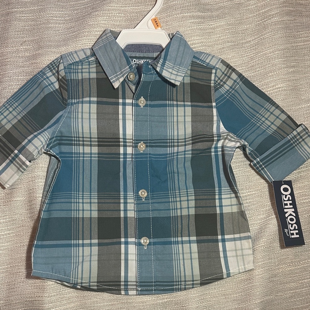 OshKosh B'gosh Teal and Gray Plaid Button Down Shirt